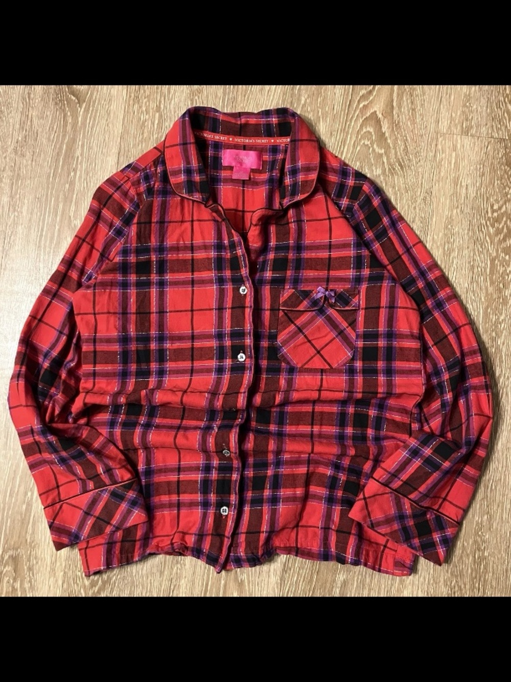 Victorias Secret Women Red Purple Gold Thread Plaid Flannel Long Sleeve PJ Top S